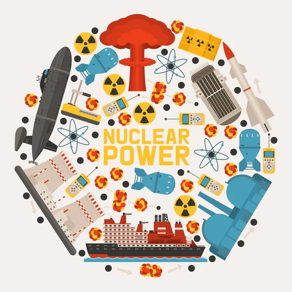 Ραδιενεργό, πυρηνικό κτίριο, έκρηξη βόμβας, απεικόνιση διανυσματικών εικόνων. Πύραυλος, ραδιοπομπός, πλοίο, εργοστάσιο, σταθμός. Ρύπανση του περιβάλλοντος. — Διανυσματικό Αρχείο