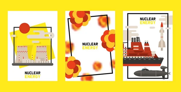 Kärnenergi uppsättning av kort, affisch vektor illustration. Radioaktivt, kärnkraftverk byggnad, explosion av bomb, atomiska ikoner. Raket, fartyg, fabriken, station. Miljöföroreningar. — Stock vektor