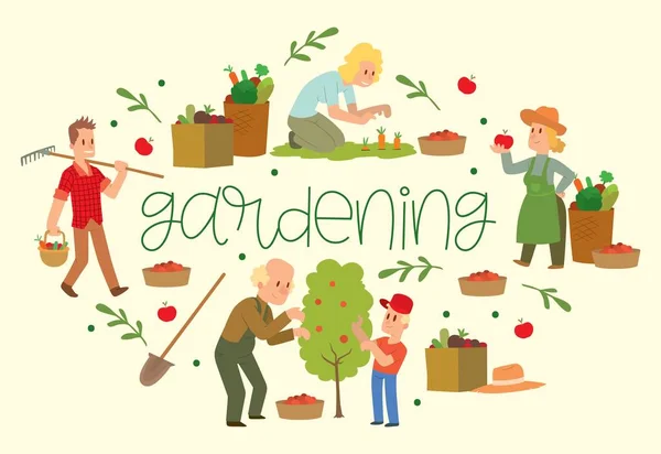 Gardening banner vector illustration. Equipment for land such as rake, shovel, bucket. Farmer picking fruit and vegetable harvest. Female and male characters harvesting. Baskets. — Stock Vector