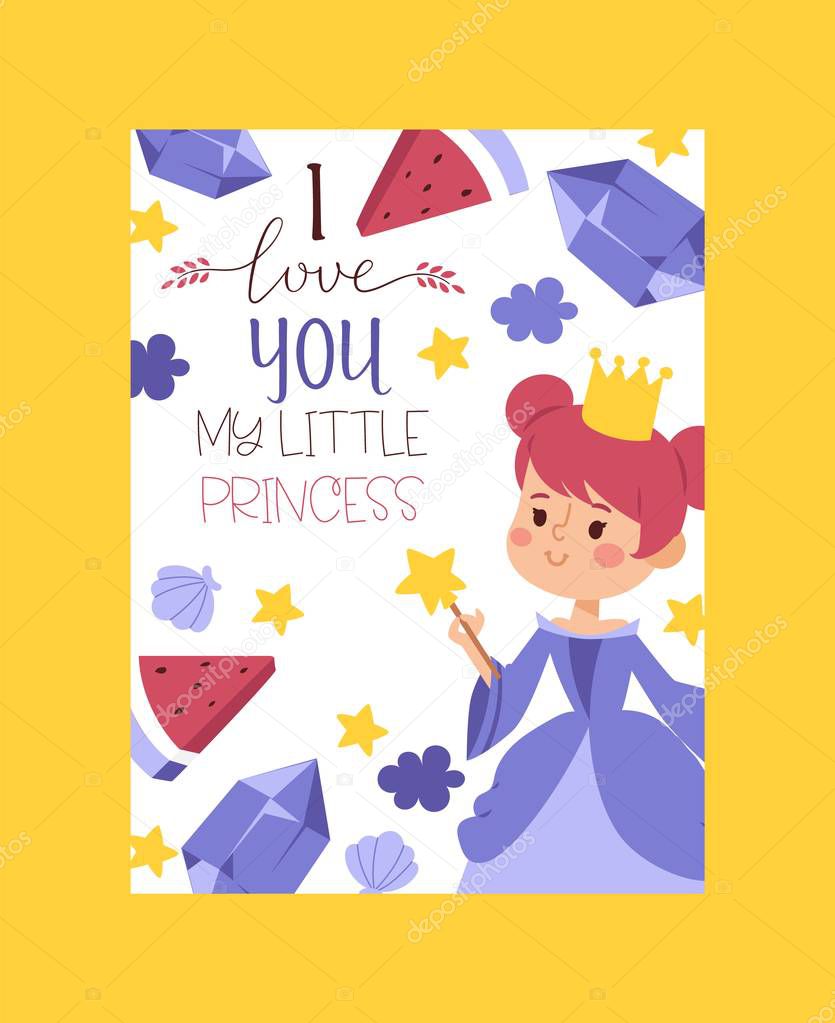 I love you my little princess invitation, greeting card, poster vector illustration. Elegant little female characters in flat style. Fashionable ladies in dresses with crowns.