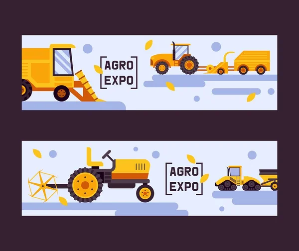 Agro exposition set of banners vector illustration. 수확하는 기계. 농업용 장비. 산업용 자동차 , 트랙터 수송, 결합 및 기계 굴착기. — 스톡 벡터