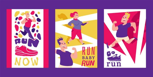 Las personas con sobrepeso haciendo ejercicios conjunto de tarjetas, carteles ilustración vectorial. Carrera deportiva. Corre bebé corre. Zapatillas deportivas, zapatillas para entrenar, fitness. Estilo de vida saludable . — Vector de stock