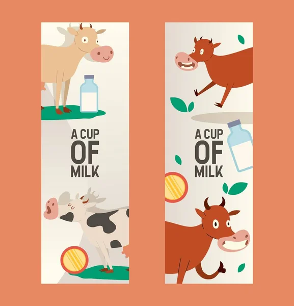 Taza de leche conjunto de banderas vector ilustración. Vaca curiosa comiendo hierba con aspecto vacante. Gracioso animal bebé, ganado diciendo moo. Productos orgánicos y naturales del diario. Botella de leche . — Archivo Imágenes Vectoriales