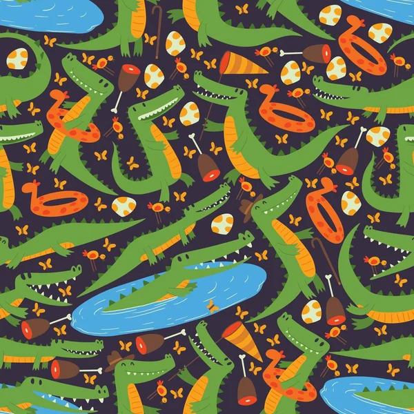 Cartoon funny crocodiles seamless pattern vector illustration. Aligator dalam berbagai pose dan kegiatan, duduk, berjalan dan berbohong. Cincin karet jerapah, telur, daging  . Stok Vektor Bebas Royalti
