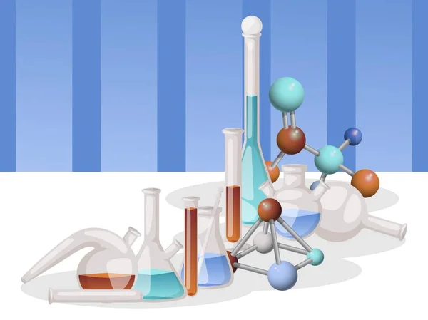 Laboratorium kolven banner vector illustratie. Verschillende laboratoriumglaswerk en vloeistof voor analyse, reageerbuisjes met vloeistof van verschillende kleuren, molecuul. Chemische experimenten. — Stockvector