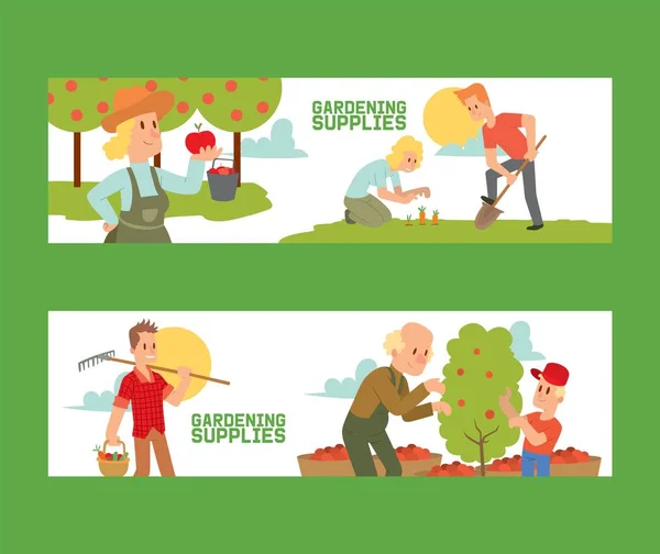 Jardinería suministros conjunto de banners ilustración vectorial. Equipo para tierra como rastrillo, pala, cubo. Agricultor recogiendo la cosecha de manzana. Recolección de personajes femeninos y masculinos . — Archivo Imágenes Vectoriales