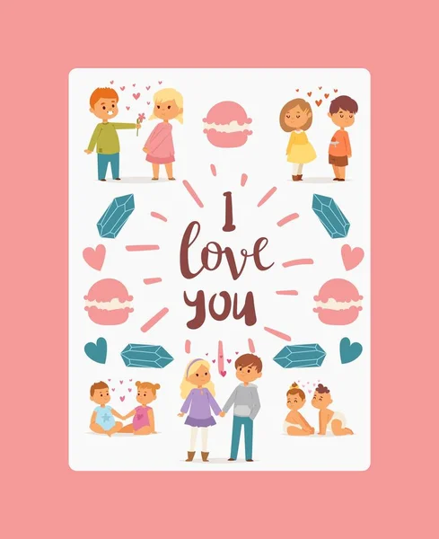 I love you poster, banner vector illustration. Couples of children of different age in love with hearts between them. Small boy presenting flower to girl. Babies holding each oyhers hand. — Stock Vector