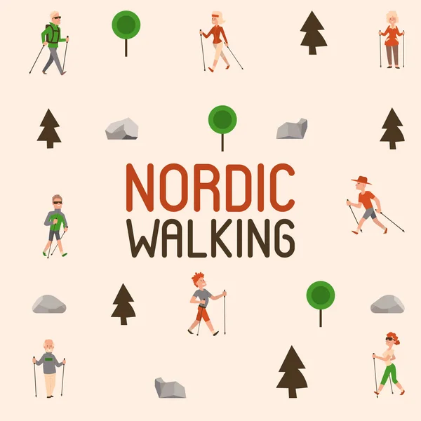 Nordic walking sport people leisure sport time vector illustration. Activo nordwalk hombre y mujer ejercicio de verano. Fitness al aire libre personajes activos saludables. Trekking amigos caminante persona . — Archivo Imágenes Vectoriales