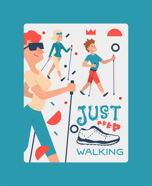 Nordic walking people landing page leisure sport time vector illustration. Active nordwalk sport man and woman exercise. Outdoor fitness characters. Trekking friends walker jogging person. — Stock Vector