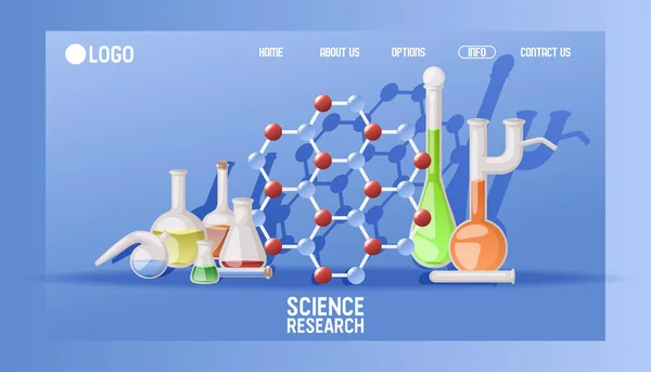 Laboratuvar bilimi araştırma açılış sayfası bilimsel cam kimyasal eğitim vektör illüstrasyon. Tıbbi Web sitesi deney ekipmanları kavramı. Biyoteknoloji eczane afiş. — Stok Vektör