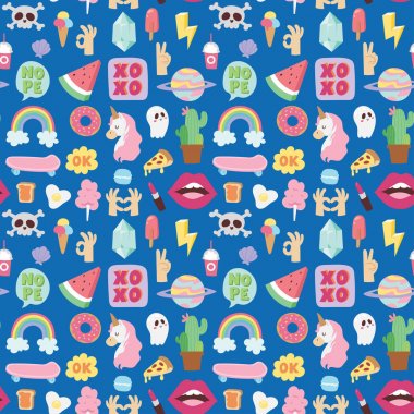 Hipster yamalar öğeleri çizilmiş şirin moda çıkartmaları doodle pop sanat kroki pimleri komik Dikişsiz desen arka plan vektör halat el.