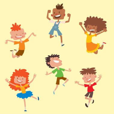 Farklı pozisyonlarda büyük mutlu çocuk çocuk grup atlama vektör ve neşeli takım küçük insanların karakterleri gülen komik karikatür çocuklar.
