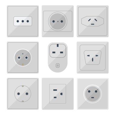 Elektrik fişleri yığını çıkış illüstrasyon enerji soketi elektrik prizi takılan Avrupa ve ABD, Asya cihaz iç simgesi. Tel kablo kablosunu tak-bağlantı elektrik prizi takılan Çift Kişilik Amerikan