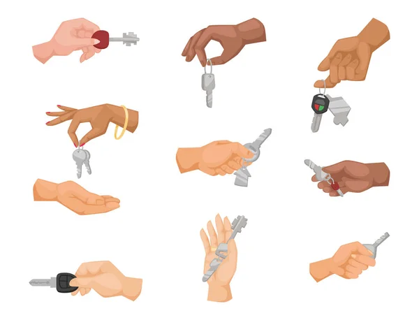 Рука держит ключ векторные квартиры продажи человеческого жеста знак безопасности дом концепт-символ символа иллюстрация — стоковый вектор