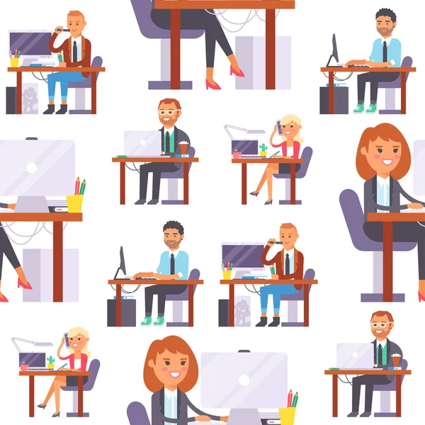 Vector flat people work place business worker person working on laptop at the table in office coworker businesswoman and businessman character computer illustration —  Vetores de Stock