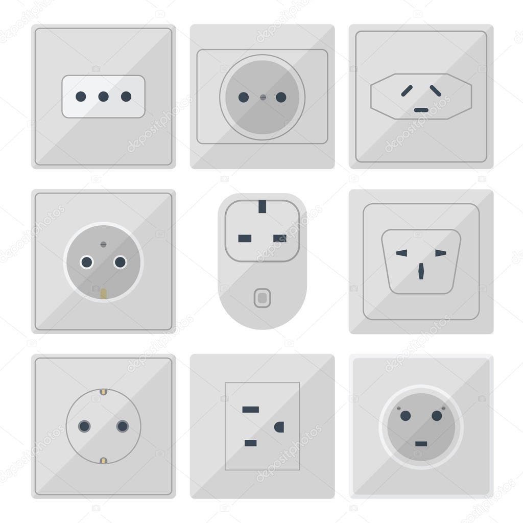 Electric plugs stack outlet illustration energy socket electrical outlets plugs european and usa, asia appliance interior icon. Wire cable cord plug-connection electrical outlets plugs double american