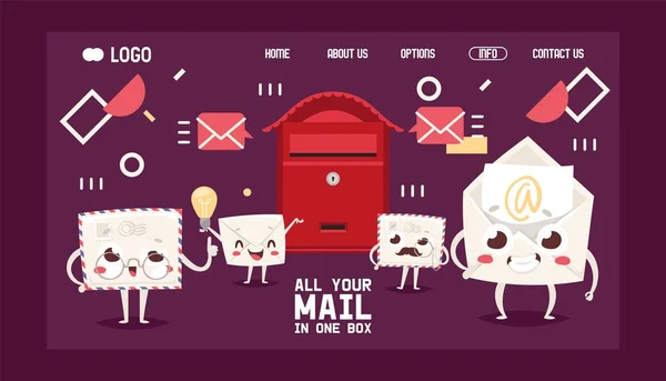 Mail box letter cartoon characters envelope vector landing page post mailbox postal mailing letterbox illustration. Postboxes design for delivery mailed letters sending in envelopes — Stock Vector