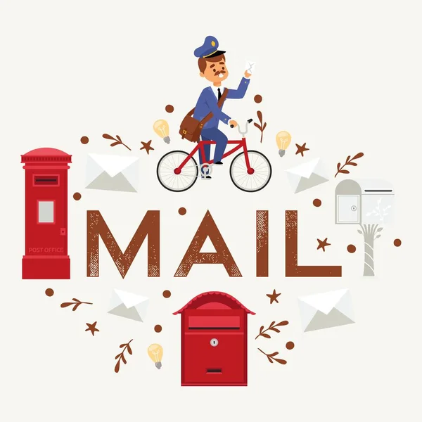 Mail box envelope postman deliveryman vector post mailbox postal mailing letterbox illustration. Postboxes man delivery letters sending in envelopes. Classic correspondence presentation. — Stock Vector