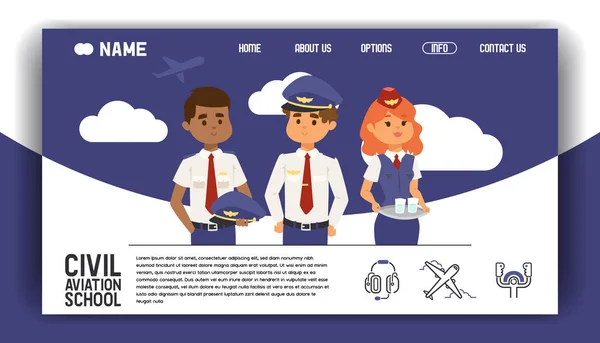 Flight civil aviation training academy landing page. Education aircraft commercial banner vector illustration. Stewardess steward, pilot private transportation business. Sky airport school. — Stock Vector