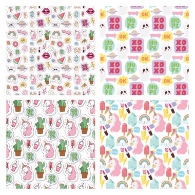 Hipster yamalar öğeleri çizilmiş şirin moda çıkartmaları doodle pop sanat kroki pimleri komik Dikişsiz desen arka plan vektör halat el.