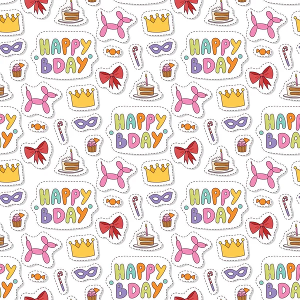 Joyeux anniversaire fête célébration divertissement confettis cadeau ballon décoration pour vacances plaisir anniversaire félicitations sans couture motif arrière-plan vectoriel illustration . — Image vectorielle