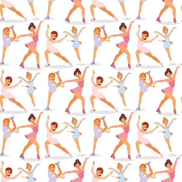 Konståkare i is kvinnor vektor skönhet sport flickor gör övning och tricks hoppa tecken dansare personer prestanda sömlösa mönster bakgrund illustration. — Stock vektor