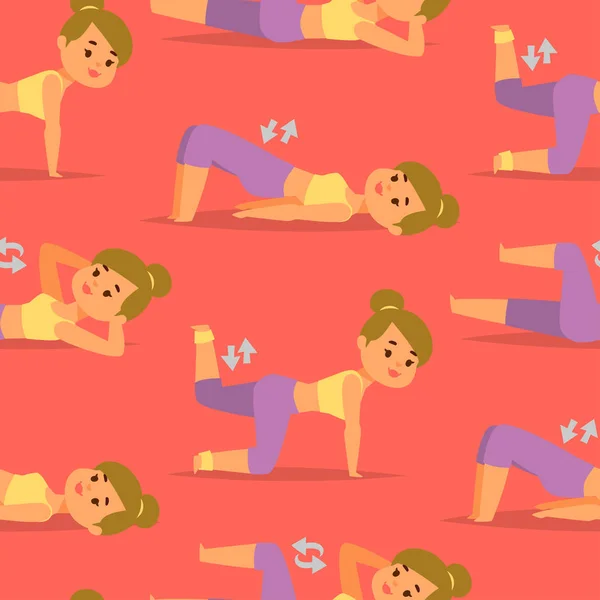 女性家庭锻炼载体运动在家庭健身性格训练指导健康生活和饮食概念无缝模式背景插图. — 图库矢量图片