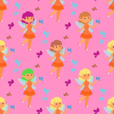 Peri Prenses Peri kız vektör karakter sevimli güzel tarzı çizgi film küçük fairyland moda kostüm sihirli fantezi elbise fairytale taç çocuk Dikişsiz desen arka plan.