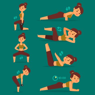 Evde egzersiz fitness karakter eğitim koçluk sağlıklı yaşam ve beslenme kavramı illüstrasyon kadın ev egzersiz vektör.