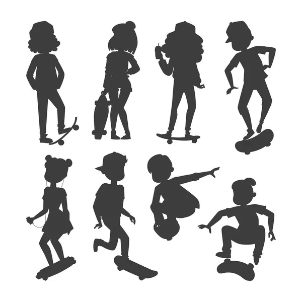 Skate personagens vetor elegante patinação crianças ilustração skate desenho animado atividade masculina extrema skate silhueta . — Vetor de Stock