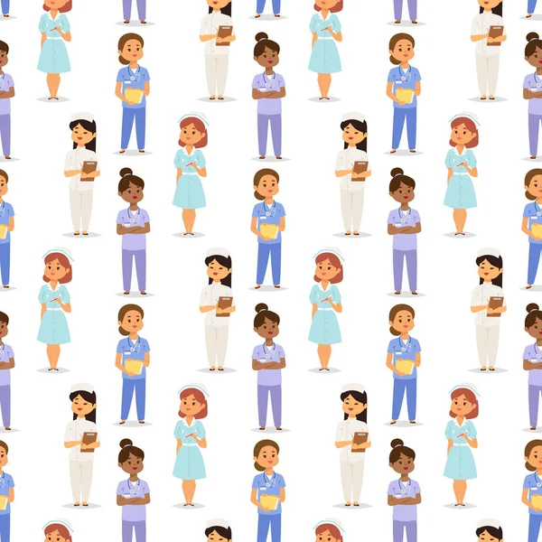 Dokter verpleegkundige karakter medische vrouw personeel platte ontwerp ziekenhuis team mensen doctoraat naadloze patroon bakground vectorillustratie. — Stockvector