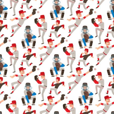 Beyzbol takım oyuncusu vektör spor adam üniforma oyunda pozlar durum profesyonel lig sportif karakter kazanan Dikişsiz desen arka plan illüstrasyon.