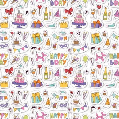 İyi ki doğdun parti kutlama eğlence konfeti mevcut balon süsleme tatil için eğlenceli yıldönümü kutlama Dikişsiz desen arka plan vektör çizim.