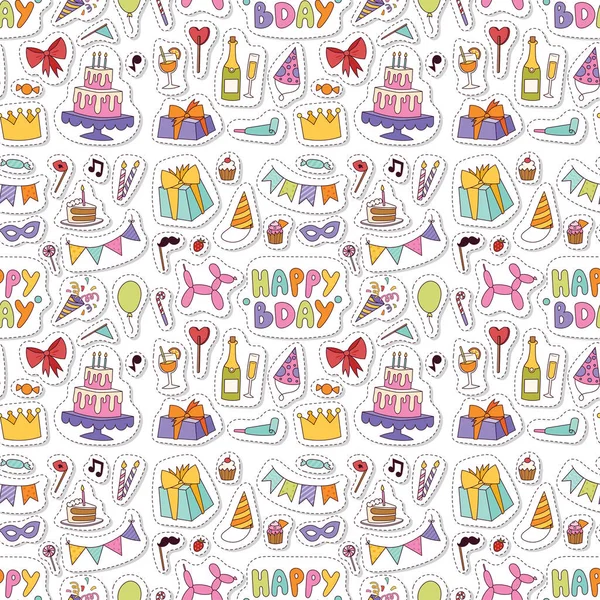Boldog születésnapot party ünnepe szórakoztató konfetti jelen léggömb dekoráció vonatkozó nyaralás móka évforduló szerencsekívánat varrat nélküli mintát háttér vektor illusztráció. — Stock Vector