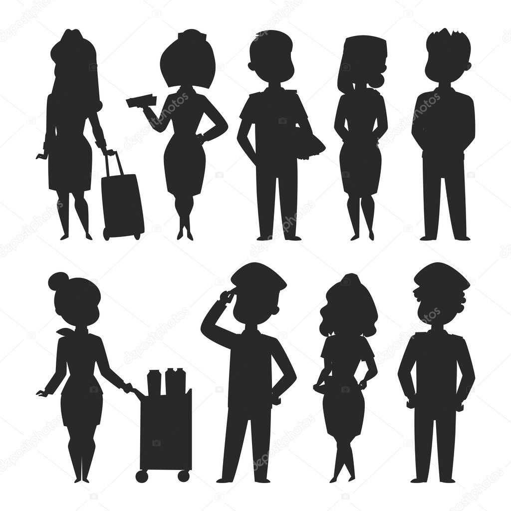 Pilots and stewardess vector silhouette illustration airline character plane personnel staff air hostess flight attendants people command.