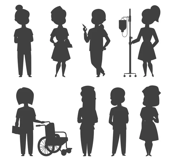 Arts verpleegkundige karakter vector silhouet medische vrouw personeel plat ontwerp ziekenhuis team mensen doctoraat illustratie. — Stockvector