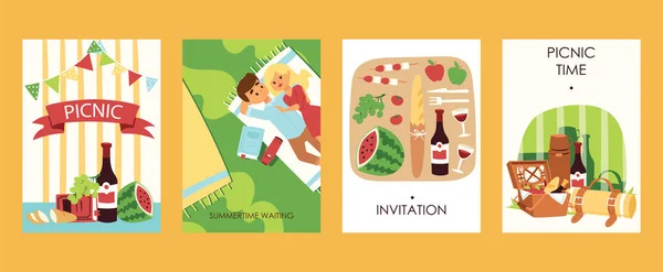 Açık picnoc zaman davetiye kartları ilustration. Yemek, şarap, su malon, ekmek, domates. Güzel çift dinleniyor. Piknik aksesuarları. Yaz saati bekliyor. — Stok fotoğraf