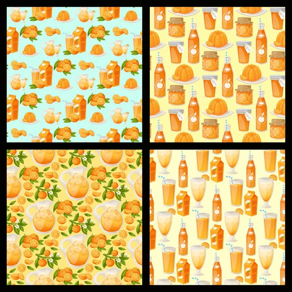 A narancs és a narancssárga termékek vektoros illusztráció természetes citrusfélék vektor lédús trópusi desszert szépség biogyümölcslé egészséges élelmiszer varrat nélküli mintát háttér. — Stock Vector