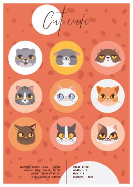 Cat cafe yüzleri veya kafaları poster illüstrasyon. Karikatür hayvan mutlu ağızları. Kedi cafe reklam afiş, el ilanı, davetiye, broşür güzel evcil hayvan.