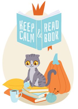 Kedi çay bardağı ile kitap yığını üzerinde oturan ve yastıklarla çevrili iplik topu ile oynuyor. illüstrasyon sakin tutmak ve afiş, broşür, poster için kitap okumak.