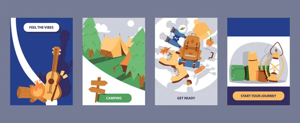 Camping cards set illustration. Cartoon hiking outdoor elements. Feel the vibes. Get ready. Start your journey.