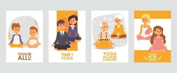 Banners with happy people cartoon meditating characters for different occasions, classes for children, for office workers, for pensioners and moms. Treatment for soul and mind.