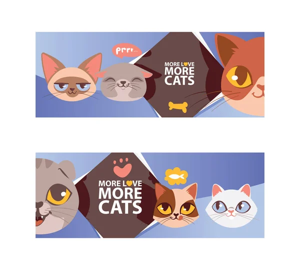 Funny cat faces banner ilustration. Cartoon cute kitten portraits. Animal heads. More love more cats. Pet thinking about fish food. Lovely animals flyer, poster.