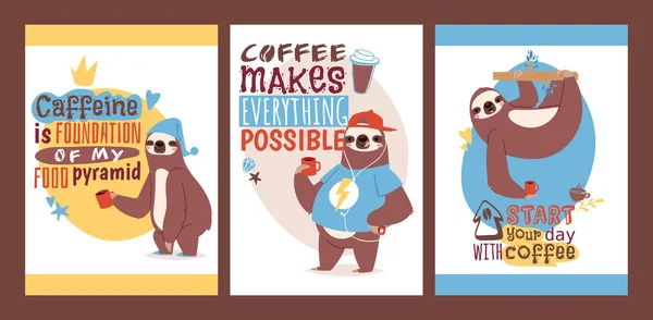 Sloth with cup of coffee set of animal cards. Enjoy the morning. illustration with textstart your day with coffee.
