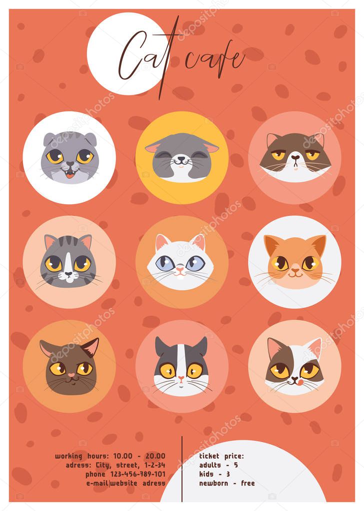 Cat cafe faces or heads poster illustration. Cartoon animal happy muzzles. Cat cafe advertisement banner, flyer, invitation, brochure beautiful pets.
