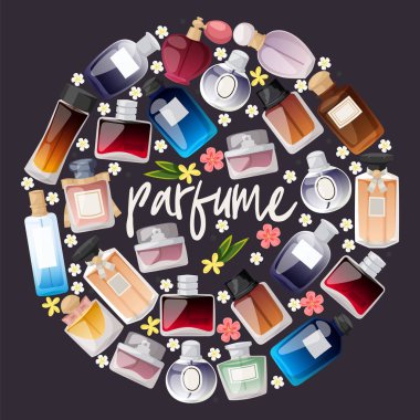 Parfüm şişeleri koyu arka plan afiş vektör illüstrasyon alışveriş. Düz tasarım koleksiyonu. Erkek ve kadın için şişe farklı şekil ve renkler. Mağaza veya mağaza reklamı.