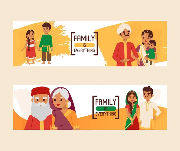 Family is everything set of banners vector illustration. Big happy indian family in national dress. Parents, grandparents and children cartoon characters. Family generations standing together