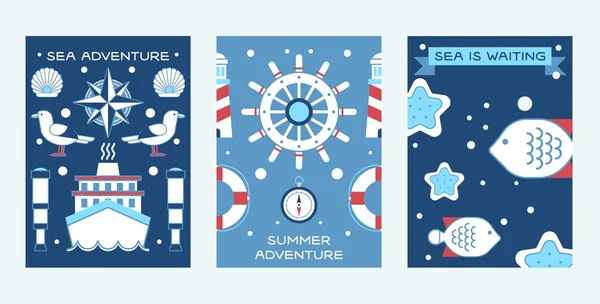 stock vector Sea summer adventure set of posters vector illustration. Nautical collection of things such as ship wheel, spyglass, lifeline, lighthouse. Sea life with fish and starfish.