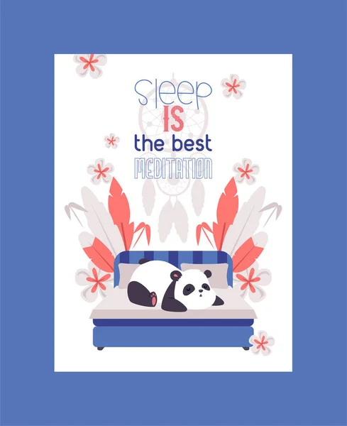 Urso de panda dormindo na cama na ilustração do vetor do poster do quarto. O sono é a melhor meditação. Adorável descanso animal. Selvagem bonito bebê mamífero desenho animado personagem sonhando. Apanhador de sonhos . —  Vetores de Stock