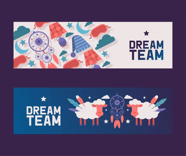 Dormitorio suministros conjunto de banners ilustración vectorial. Cielo nocturno con ovejas y atrapasueños entre nubes, estrellas y luna. Concepto de equipo nocturno. Máscara y sombrero de dormir . — Vector de stock